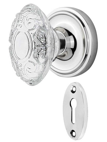 Classic Rosette Mortise-Lock Set with Victorian Crystal-Glass Knobs in Polished Chrome.